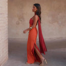 Fashion Women Color Blocking Scarf Collar Sling Dress Sexy Split Waist Cinching Bodycon Maxi Gowns 2026 Lady Club Party Vestidos
