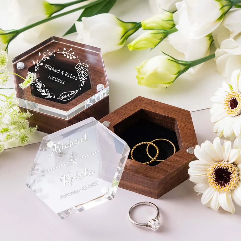 Personalized Engraved Wedding Ring Box, Proposal Gift Acrylic Cover and Wood Base Custom Rings, Engagement Wedding Decorations