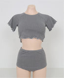 New Plaid High Waist Bikinis Two Piece Swimsuit Women Swimwear Short Sleeve Beach Wear Bathing Suits Korean Bikini Set Pool 2024