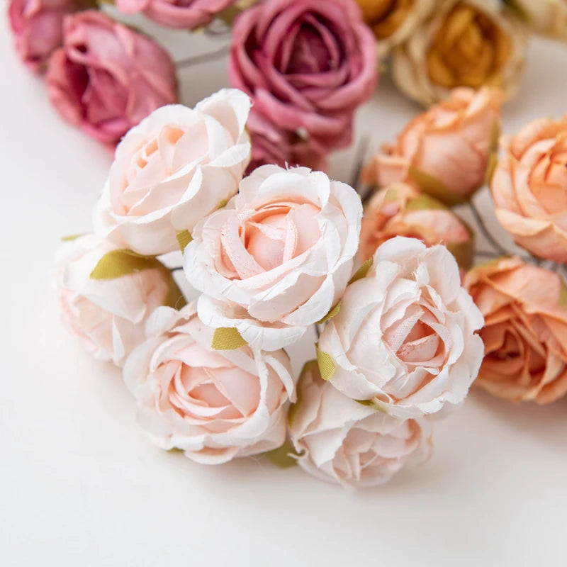 12PC Artificial Flowers Silk Tea Rose Wedding Bouquet Decorative Wreath Christmas Decoration for Home Diy Gifts Box Bride Brooch