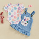 Toddler Girls Floral Print Romper and Ruffle Sleeve Dress Set with Bunny Ear Headband Summer Outfit for Easter
