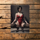Ada Wong Sexy Metal Wall Art Poster - 8x12 Inch Red Dress Illustration for Home, Bar, Cafe, Office, Man Cave Decor