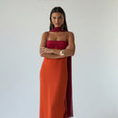 Fashion Women Color Blocking Scarf Collar Sling Dress Sexy Split Waist Cinching Bodycon Maxi Gowns 2026 Lady Club Party Vestidos