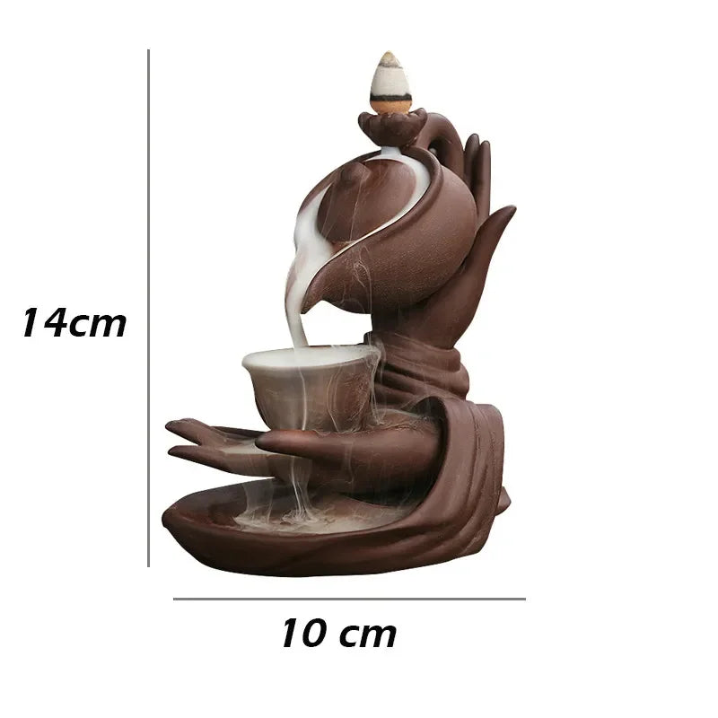 F Ceramic Waterfall Incense Burner Buddha Hand Censer Holder Indoor Smoke Backflow Incense Fountain Buddhist Altar Table Decor