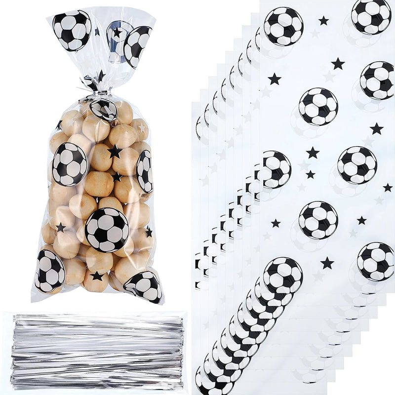 25/50pcs Football Treat Cellophane Bags Soccer Candy Favor Bags Sports Theme Birthday Party Decor Goody Bags with Twist Ties