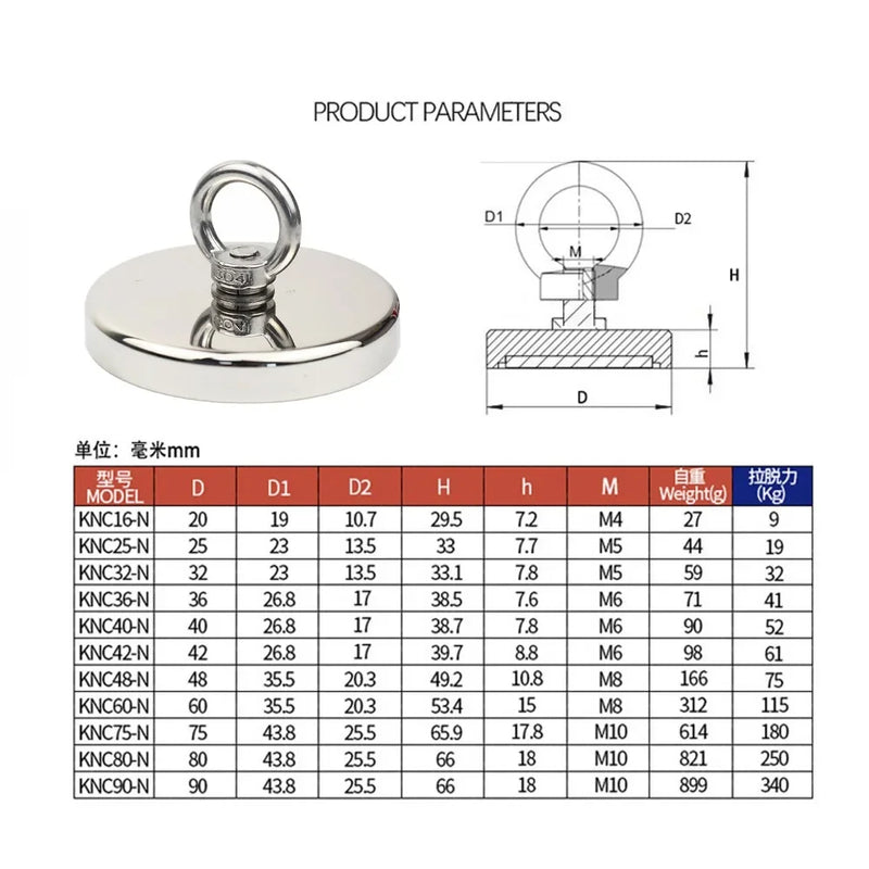 Super Strong Neodymium Fishing Magnet Hooks N52 Heavy Duty Magnet with Countersunk Hole Eyebolt 16-90mm Salvage Searcher Magnets