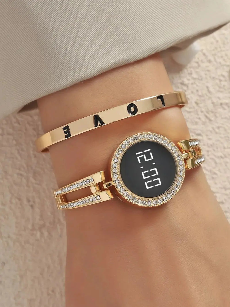 A Women's Gold Fashion Digital Watch With Rhinestones And A Love Bracelet. For Daily Life