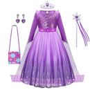 Girl Elsa Dress Princess Cosplay Purple Sequins Mesh Halloween Long Sleeves Ball Gown Birthday Party Carnival Costume