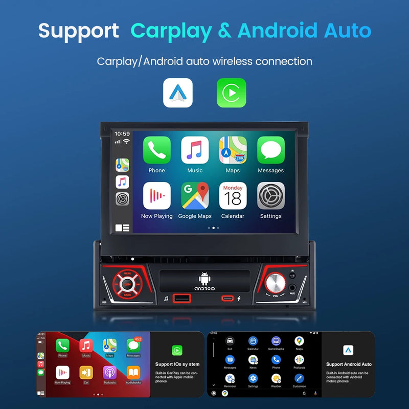 1 din Car Radio Android Carplay Auto Universal 7" IPS Retractable Screen gps Navigation 1 Din Android 13 Multimedia Video Player
