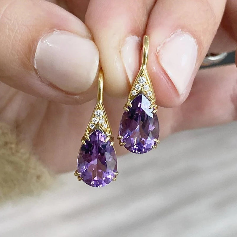 Huitan Charming Purple Pear Cubic Zirconia Earrings for Women Gold Color Aesthetic Bride Wedding Earrings Fancy Anniversary Gift