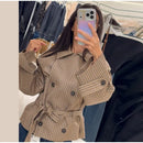 Chic Grid Belt Women's Coat Double Breasted Lapel Lace-Up Long Sleeve Lady Coats 2026 Autumn Fashion Female Vintage Jacket Lady