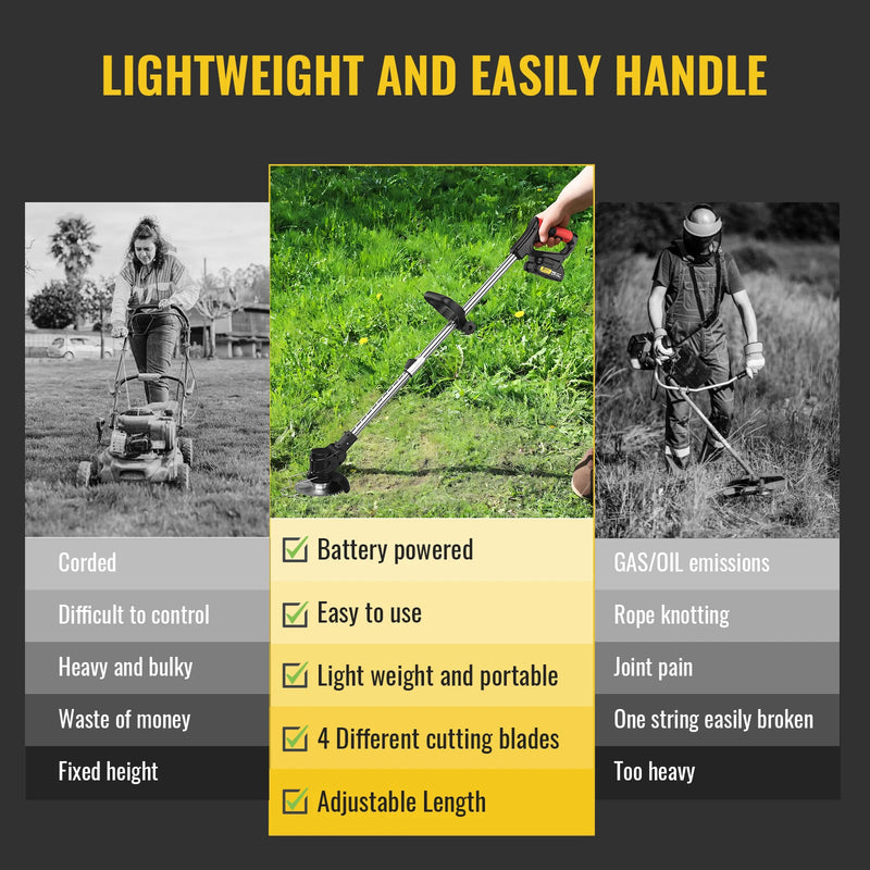 Conentool 21V Cordless Electric Lawn Mower 2*Batteries Grass Trimmer Adjustable Length Lightweight Household Garden Yard Cutting