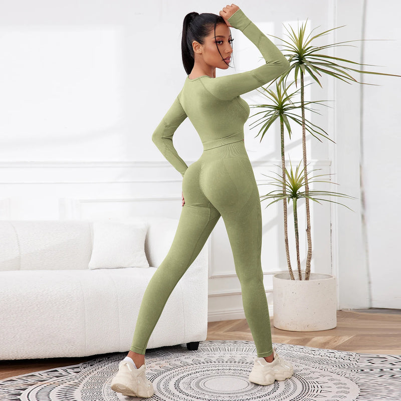 2 Pieces Sets For Women Wash Tie-dye Sports Sets Long Sleeved Round Neck Top Hight Waist Lift Hip Outdoors Leggings Sports Sets