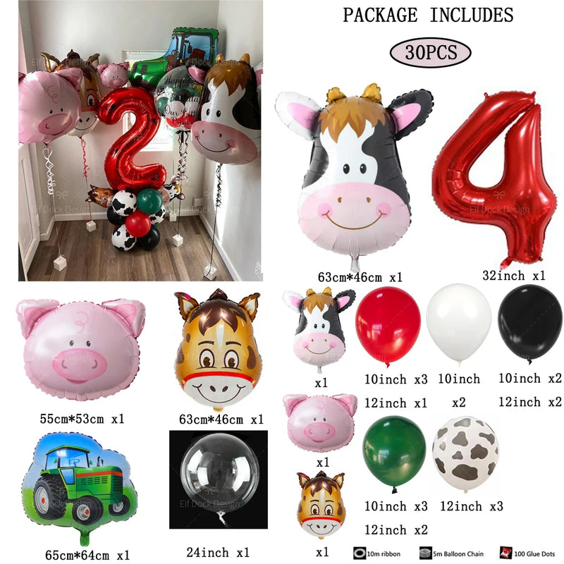 30pcs Farm Theme Green Tractor Cow Pig Inflatable Balloons 32inch Red 1-9 Number Balloon Happy Birthday Party Decor Baby Shower