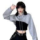 Female Cut Out Crop Top Hoodie Long Sleeve Hooded Pullover Sweatshirt Drop Shoulder Drawstring Hoodie Crop Jumper-Top