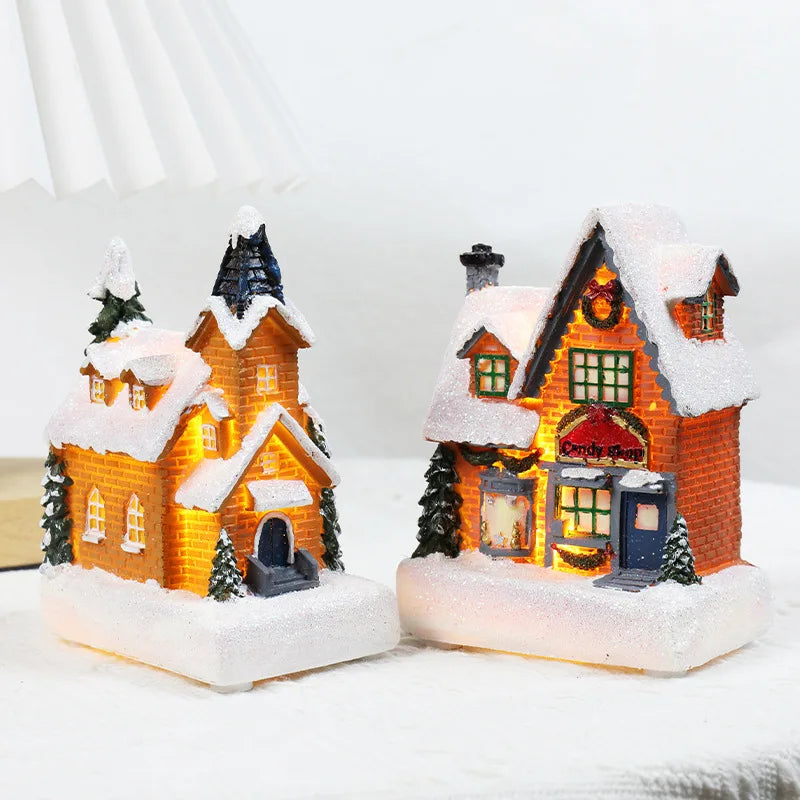 Mini Christmas European Style Resin House LED Light Ornament Micro-landscape Xmas Gift Table Decor New Year 2024 Home Decoration