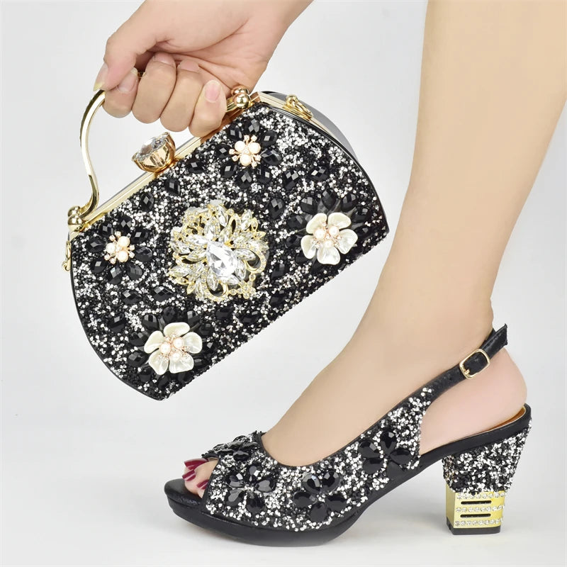Fashion Italian Shoes with Bag Set Decorated with Rhinestone Women Wedding Shoes Set Nigerian Party Pumps High Heels Sexy Ladies