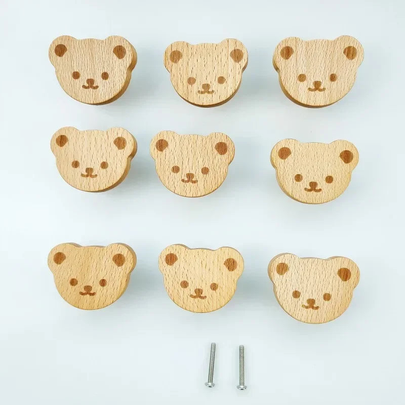 Children's Room Cartoon Wooden Handle Cabinet Door Solid Wood Handle Drawer Single Hole Teddy Bear Wooden Small Handle