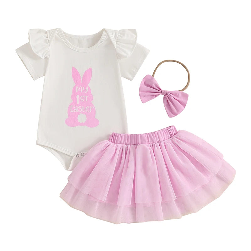 Adorable Baby Girl Easter Outfits with Bunny Print Short Sleeve Romper Tulle Skirt and Headband - 3 Piece Set for a Cute