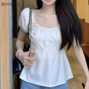 Puff Sleeve Blouses Women Solid Summer Vintage Mujer Temperament Button Sexy Streetwear Clothing Tender Aesthetic New Ulzzang