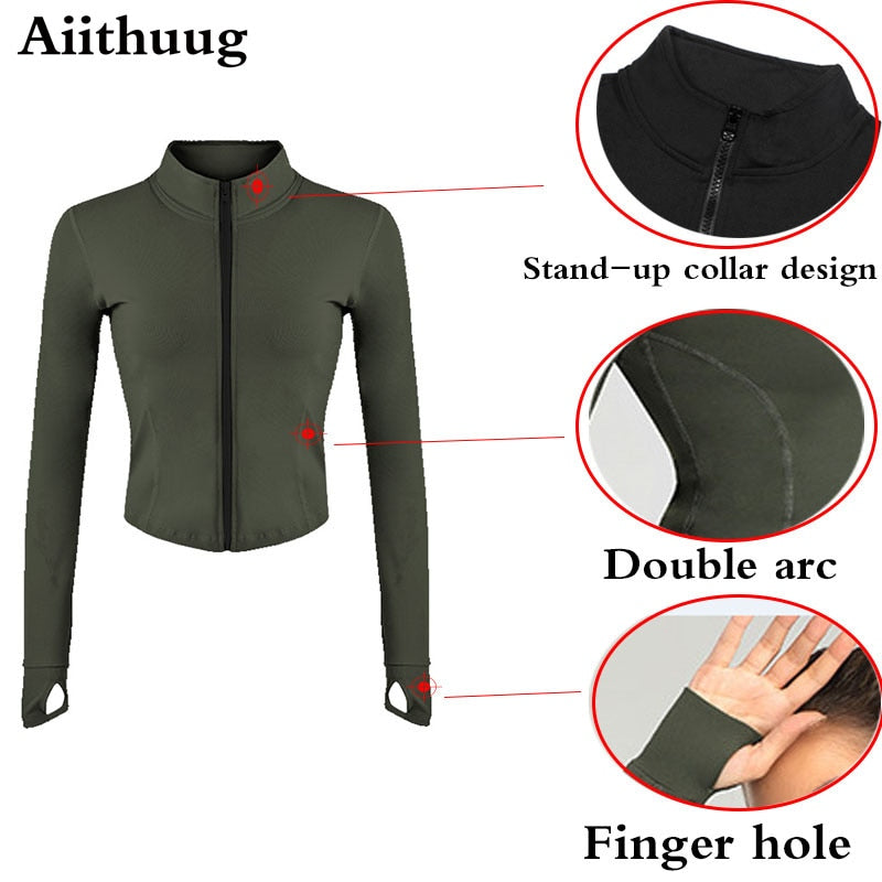 Aiithuug Women Full Zip-up Yoga Top Workout Running Jackets with Thumb Holes Stretchy Fitted Long Sleeve Crop Tops Activewear