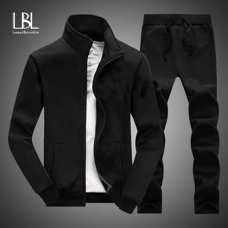New Casual Tracksuit Men Autumn Zipper Jackets+Pants 2 Pieces Sets Male Slim Fit Sportswear Brand Fashion 2PCS Men's Solid Set