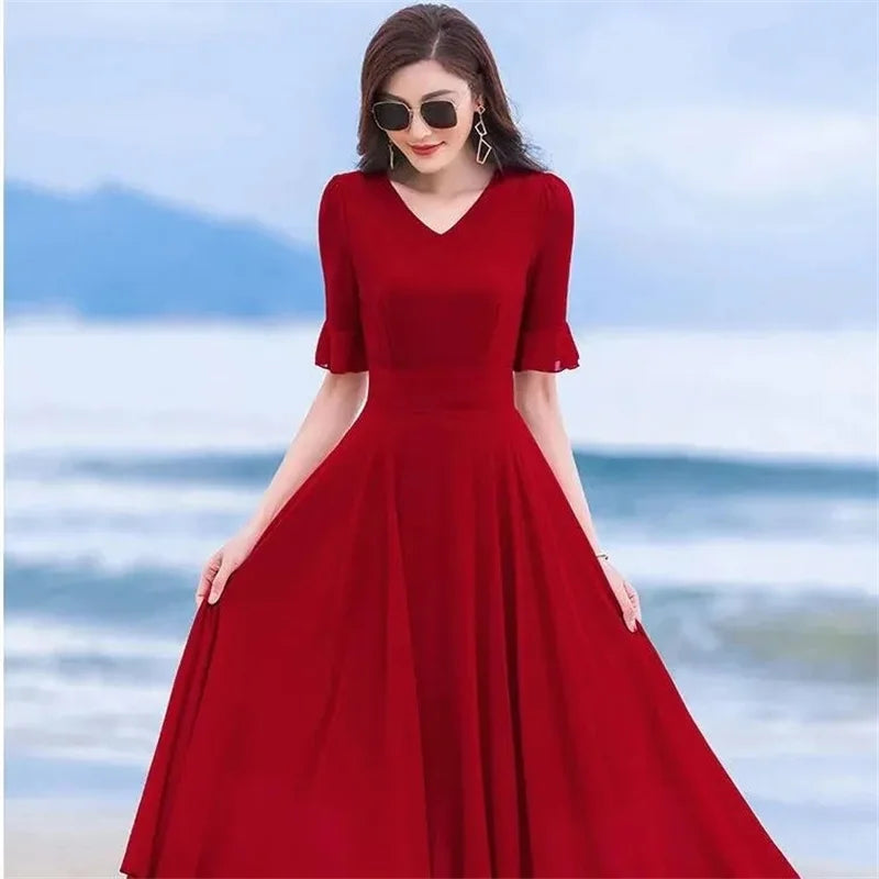 Summer Bohemian Women Long Dress Solid Color Short Sleeve V Neck 5XL Chiffon Sundress Maxi Evening Ladies Party Dress Vestidos