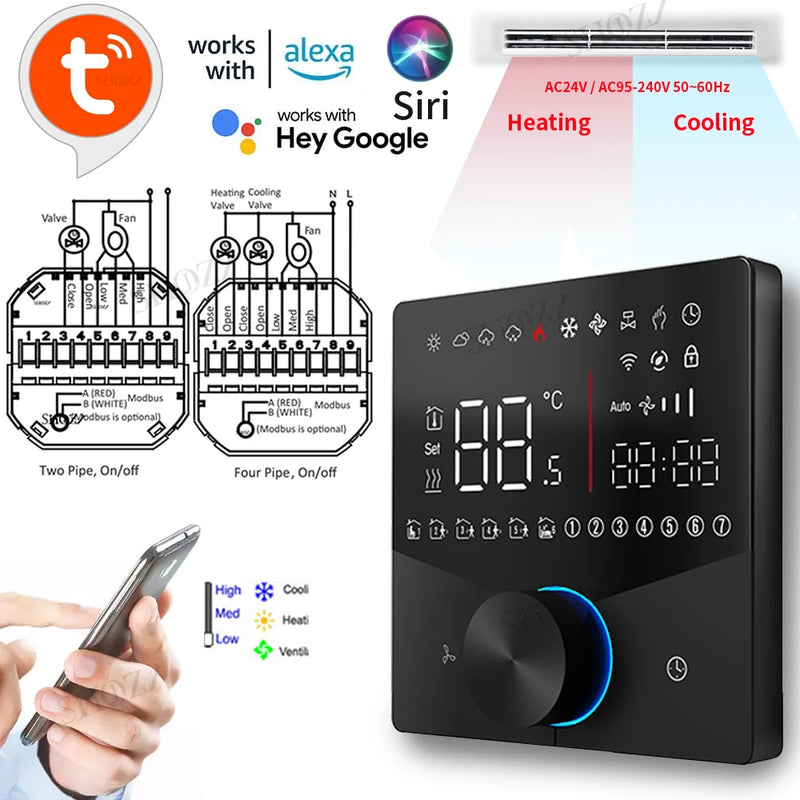 2/4 pipe wifi thermostat central air conditioning 3-speed fan coil rotating temperature adjustment voice TUYA  Alexa 24V