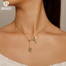 BISAER 925 Sterling Silver Hummingbird Pendant Necklace Green Leaf Adjustable Chain 14K Gold Plated For Women Fine Jewelry ECN21