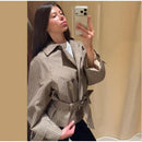 Chic Grid Belt Women's Coat Double Breasted Lapel Lace-Up Long Sleeve Lady Coats 2026 Autumn Fashion Female Vintage Jacket Lady