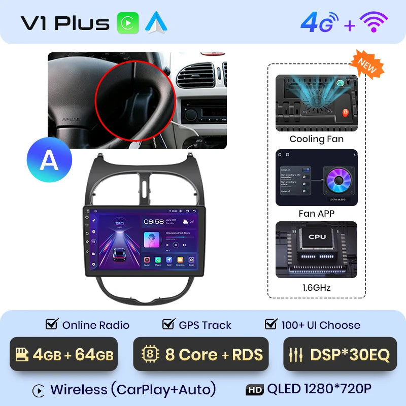 Junsun V1 Wireless CarPlay AndroidAuto Radio For Peugeot 206 206CC 206SW 2001-2008 4G Car Intelligent Systems 2Din Autoradio GPS