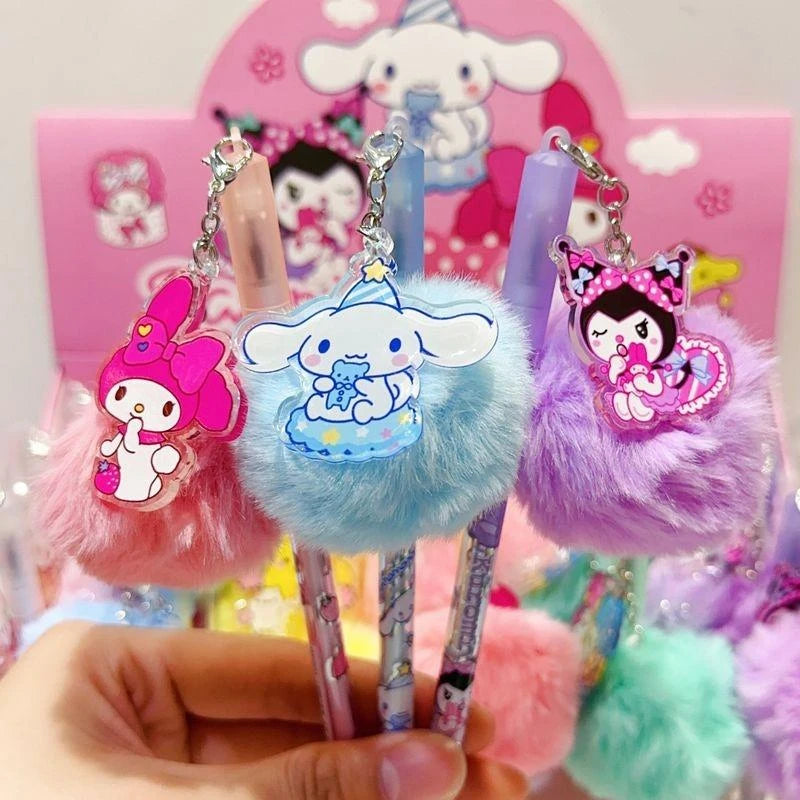 Sanrio 12/24pcs Gel Pen Kuromi Melody Cartoon Plush Pendant Kawaii Students Stationery 24pcs Cute School Signature Pen Wholesale