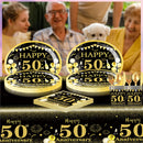 Happy 50th birthday party table supplies, black and gold theme, napkins, 7inch paper cups, tablecloth, plates,  party decoration