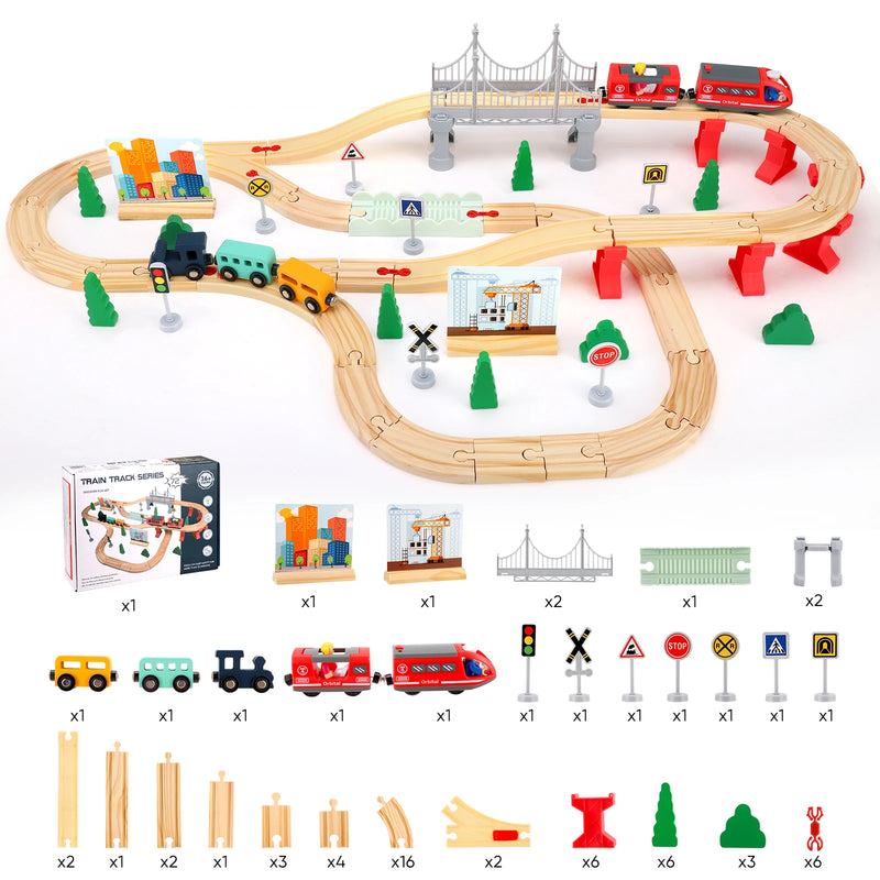 72/108 Pieces Montessori Set Of Children's Toy Wood Trains, Cars, Engineering Railway Wooden Train set Gift For Boys And Girls