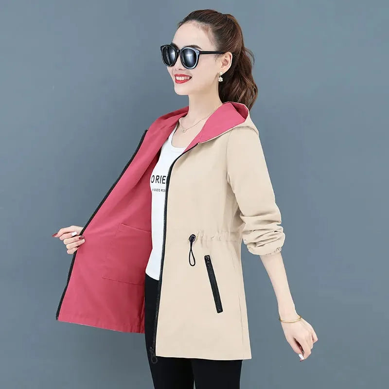 New Autumn Women's Jacket Double-sided Windbreaker Female Long Sleeve Jackets Hooded Casual Basic Coat Loose Outerwear 4XL