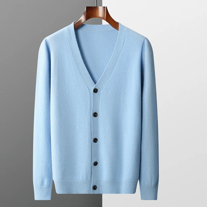 Men's Cardigan Spring and Autumn Basic Pure Wool Knitting Sweater Men Large Size Loose V-Neck Coat Pure Color Casual Jacket Top