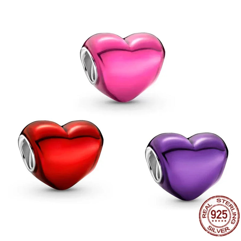 Authentic 925 Sterling Silver Metallic Pink, Purple & Red Heart Charm Bead Fit Original  Bracelet Jewelry Fashion Gift