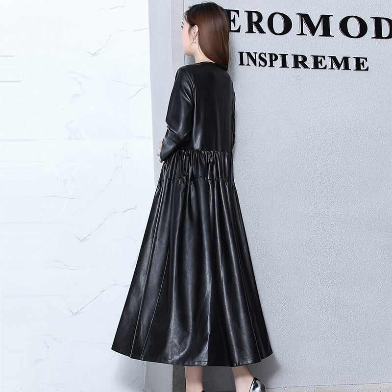 Nerazzurri Spring Casual Long Leather Dress Women Red Gray Black Maxi Elegant Pleated Faux Leather dress long sleeve Fall 2021