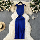 Green New Summer Knit Sexy Strap Dress Women Tank Elatic Waist Bodycon Sundress Female Beach Split Maxi Long Dress