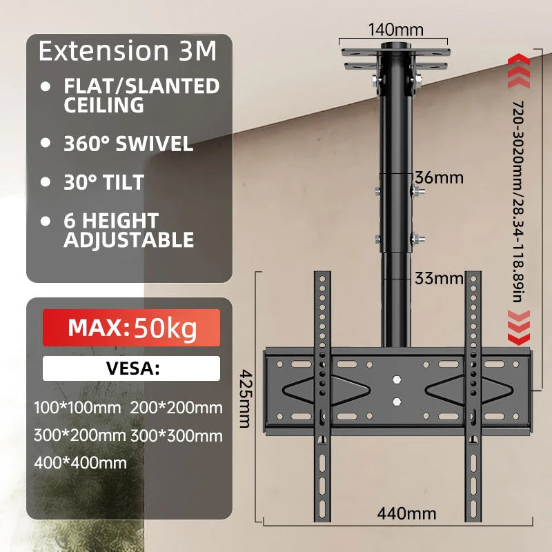 Ceiling TV Mount, TV Mount for 26-65 inch TVs, TV Ceiling Mount with Swivel, Tilt and 6 Height Adjustable, Max VESA 400x400mm