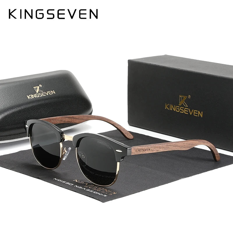 KINGSEVEN Handmade Black Walnut Wooden Sunglasses Men Polarized UV400 Protection Semi-Rimless Retro Eyewear Women For Driving