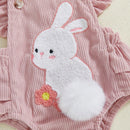 Adorable Infant Easter Jumpsuit with Bunny Embroidery Flutter Sleeves Square Neckline and Matching Bow Headband