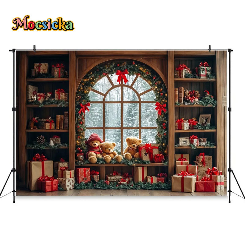 Christmas Toy Bear Gift Room Background Photography Kids Baby Show Wooden Bookshelf Window Backdrop Winter Xmas Tree Gift Booth