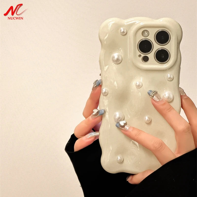 Luxury 3D Pearl Wavy Phone Case for iPhone 15 14 Pro Max 15Pro Shockproof Soft Silicone Ins Cover for iPhone 11 12 13 Pro Max