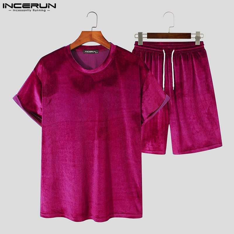 INCERUN Men Casual Sets Velour Solid Color O-neck Short Sleeve T Shirt & Drawstring Shorts Two Pieces 2023 Streetwear Men Suits
