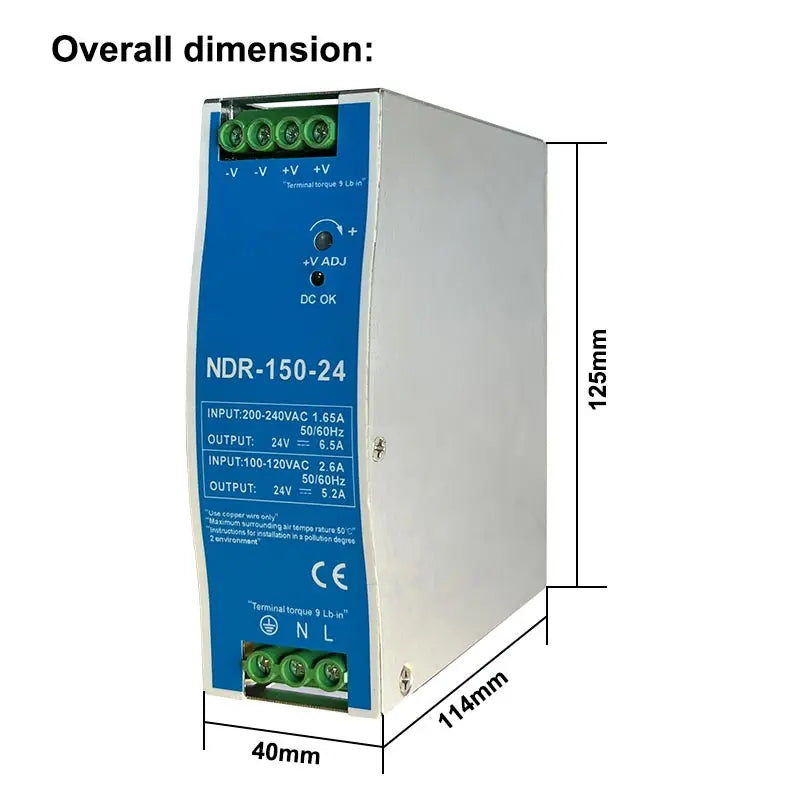 2.5A 12V 5.2A 24V NDR150W Industrial DIN Rail Mounted AC TO DC Single Output Switching Power Supply