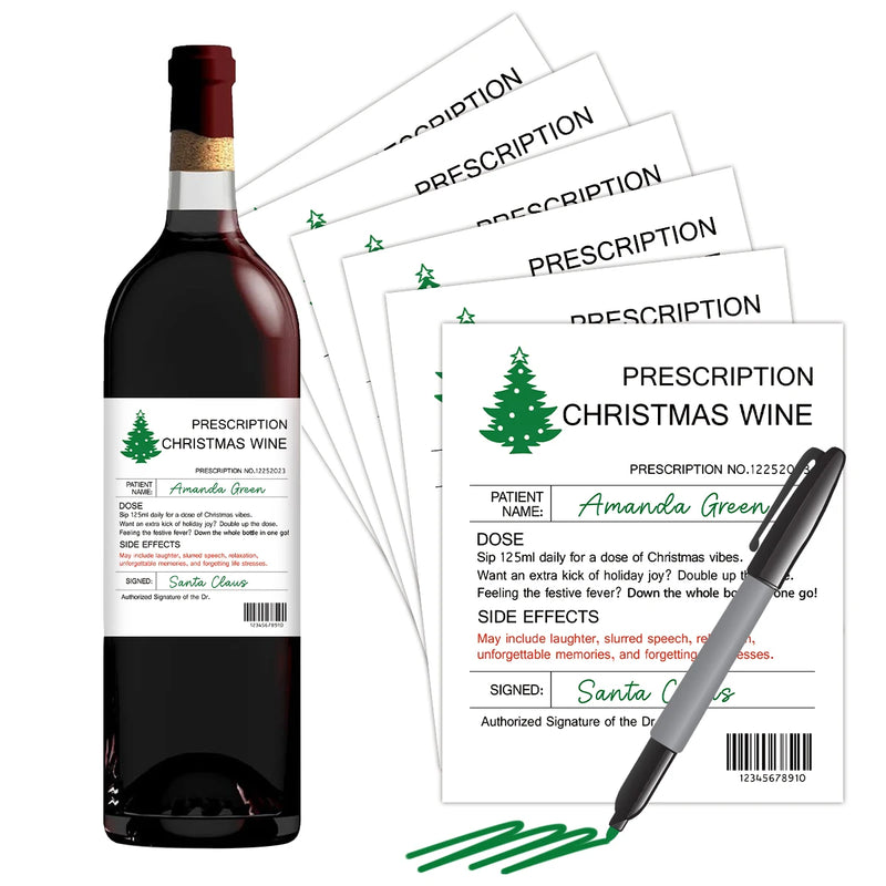 6pcs Hilarious Prescription Wine Labels,Festive Christmas Tree Design,Novelty Wine Bottle Stickers for Birthday,Anniversary Gift