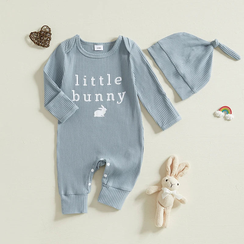 Adorable Easter Bunny Print Romper with Matching Hat for Baby s First Easter Celebration - Long Sleeve Round Neck Jumpsuit