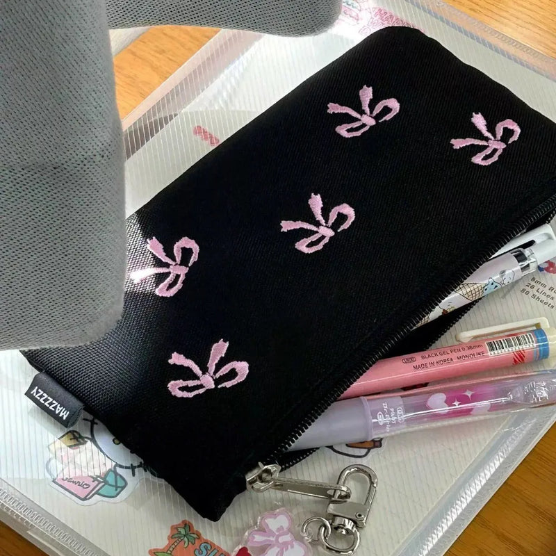 Cute Sweet Girl Heart Embroidered Bow Pencil Case Stationery Bag Square Shape Cosmetics Storage Bag Pencil Case Writing Supplies