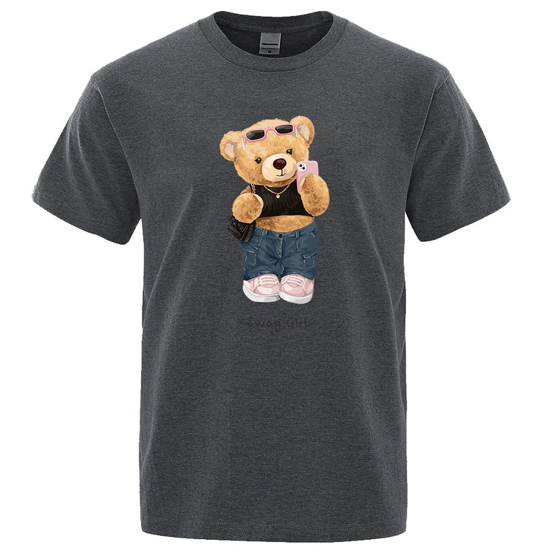 Street Teddy Bear Selfie Swag Girl  Prints Men Tops Fashion Summer T Shirt Mens Short Sleeve Hip Hop Streetwear